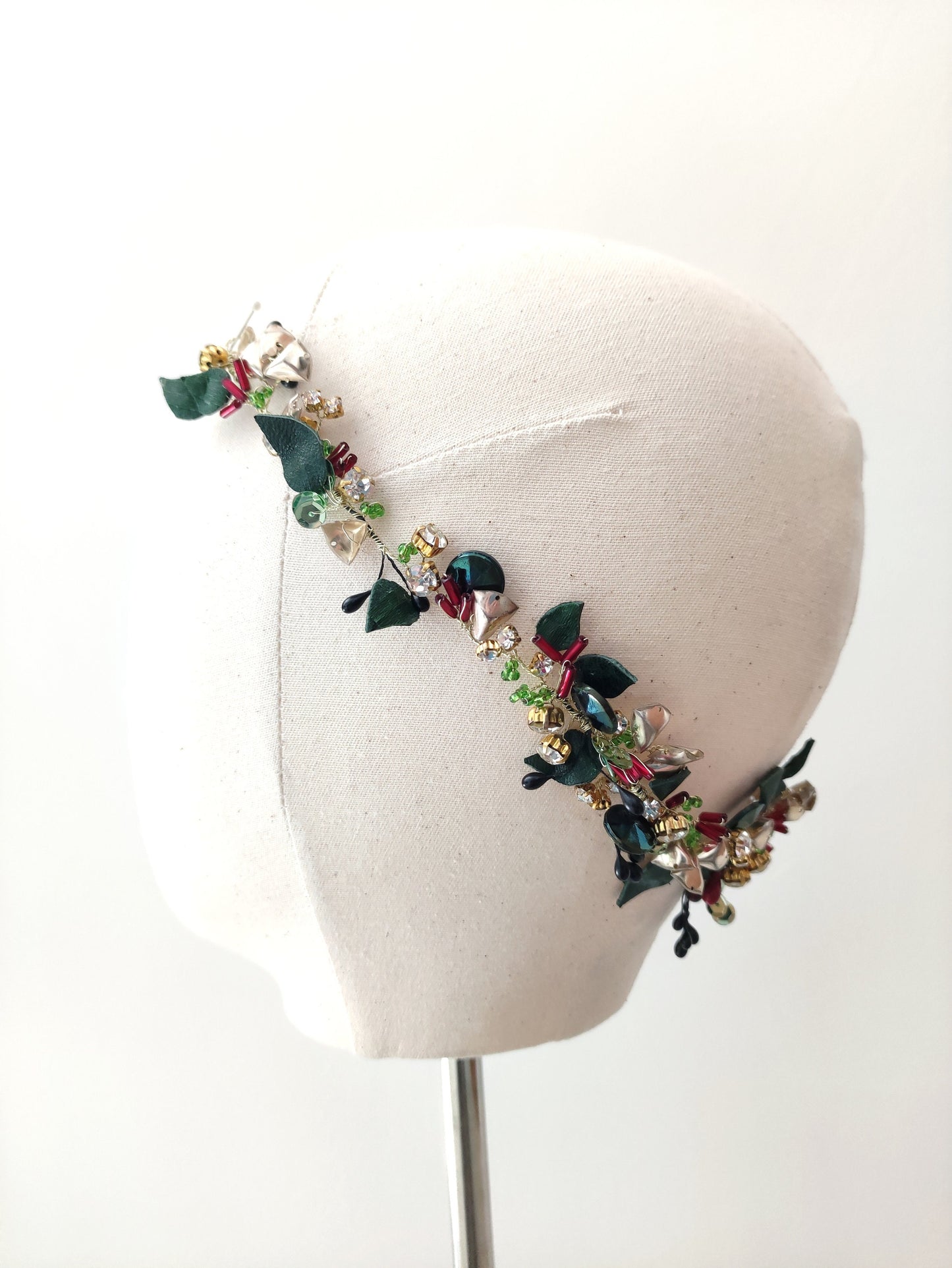 Botanical Hair Vine Headdress, Gold, Green & Red