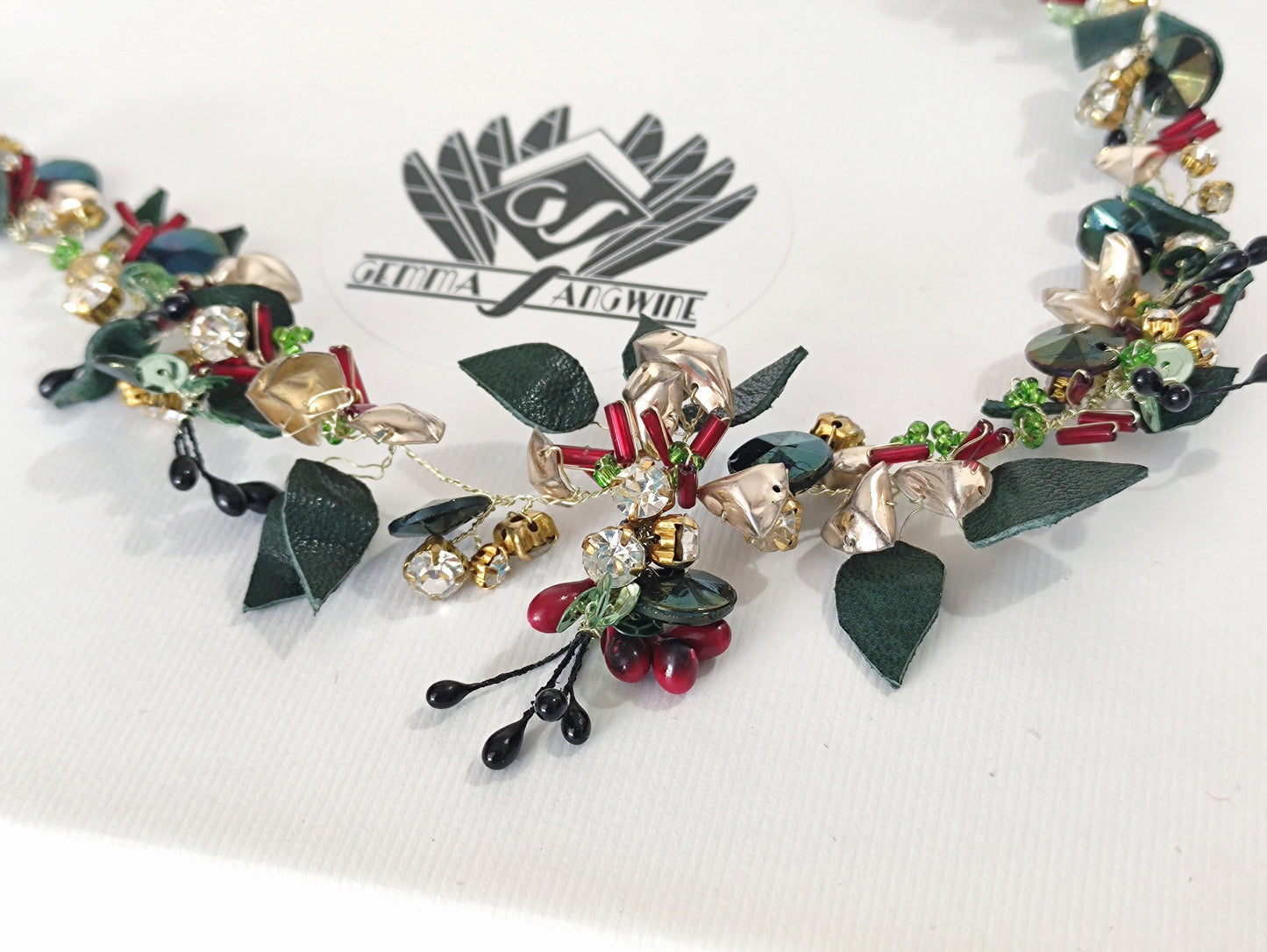 Botanical Hair Vine Headdress, Gold, Green & Red