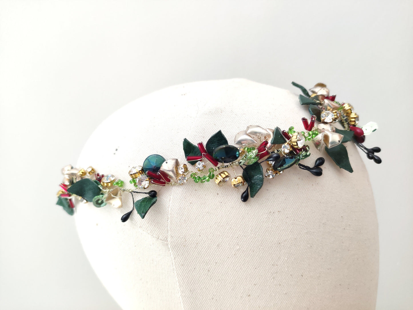 Botanical Hair Vine Headdress, Gold, Green & Red