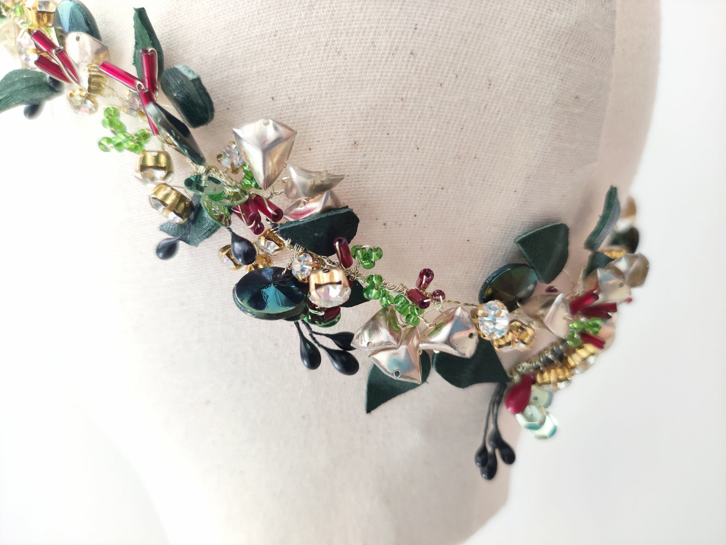 Botanical Hair Vine Headdress, Gold, Green & Red