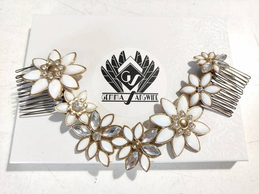 White flower hair vine headdress with silver & gold - Boho beach wedding - Bridal star floral tiara articulated hair comb