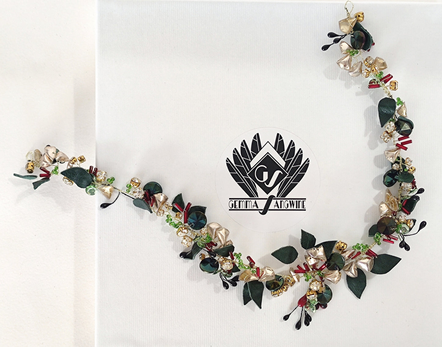 Botanical Hair Vine Headdress, Gold, Green & Red